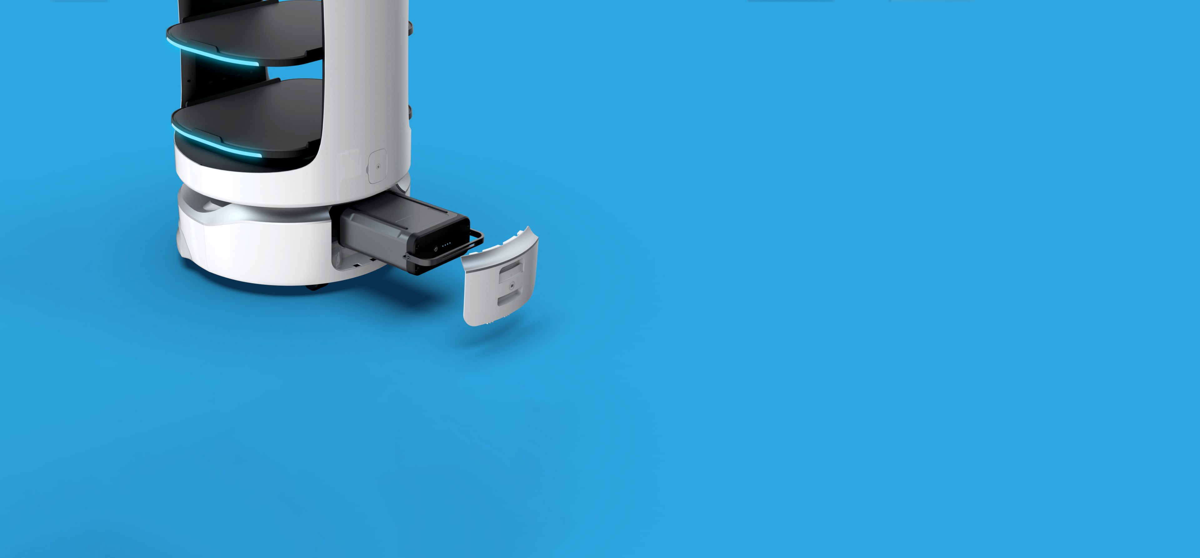 BellaBot illustrating where its external battery is located on its chassis.