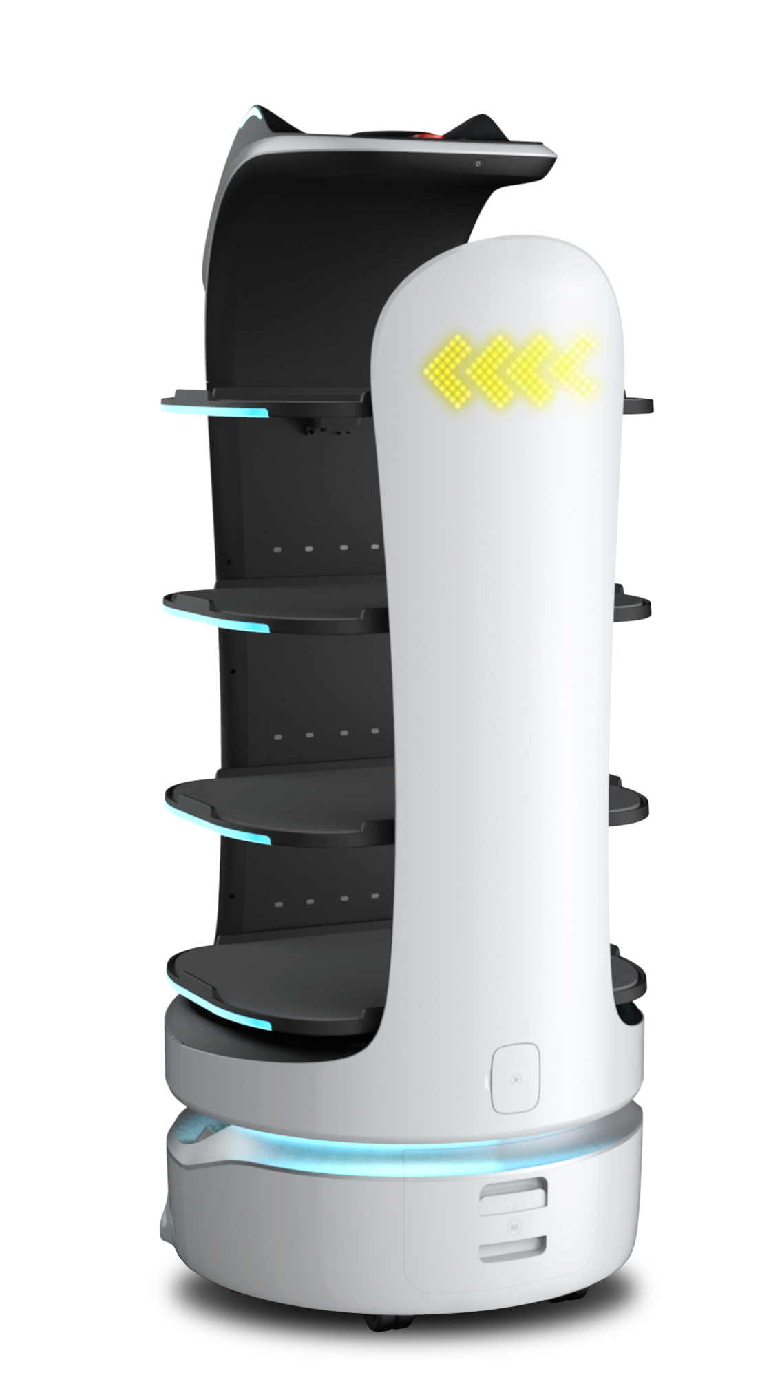 BellaBot's back display signaling that she will move towards the right.