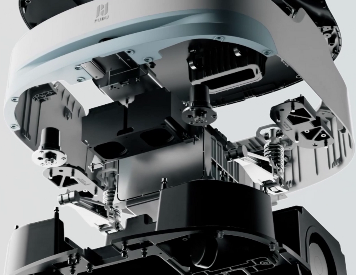 A showcase of all the parts that make up PuduBot 2's chassis.